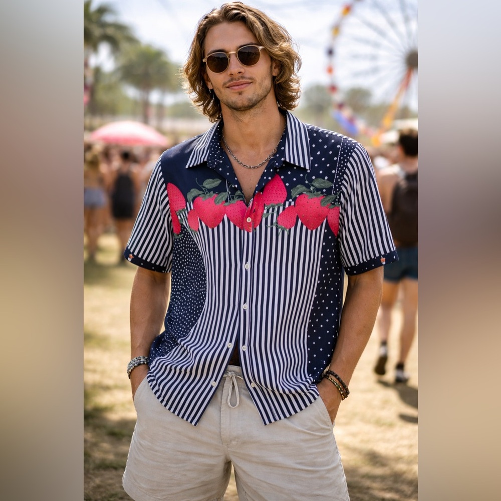 Vintage Wing Ming Strawberry Patchwork Button Shi… - image 1